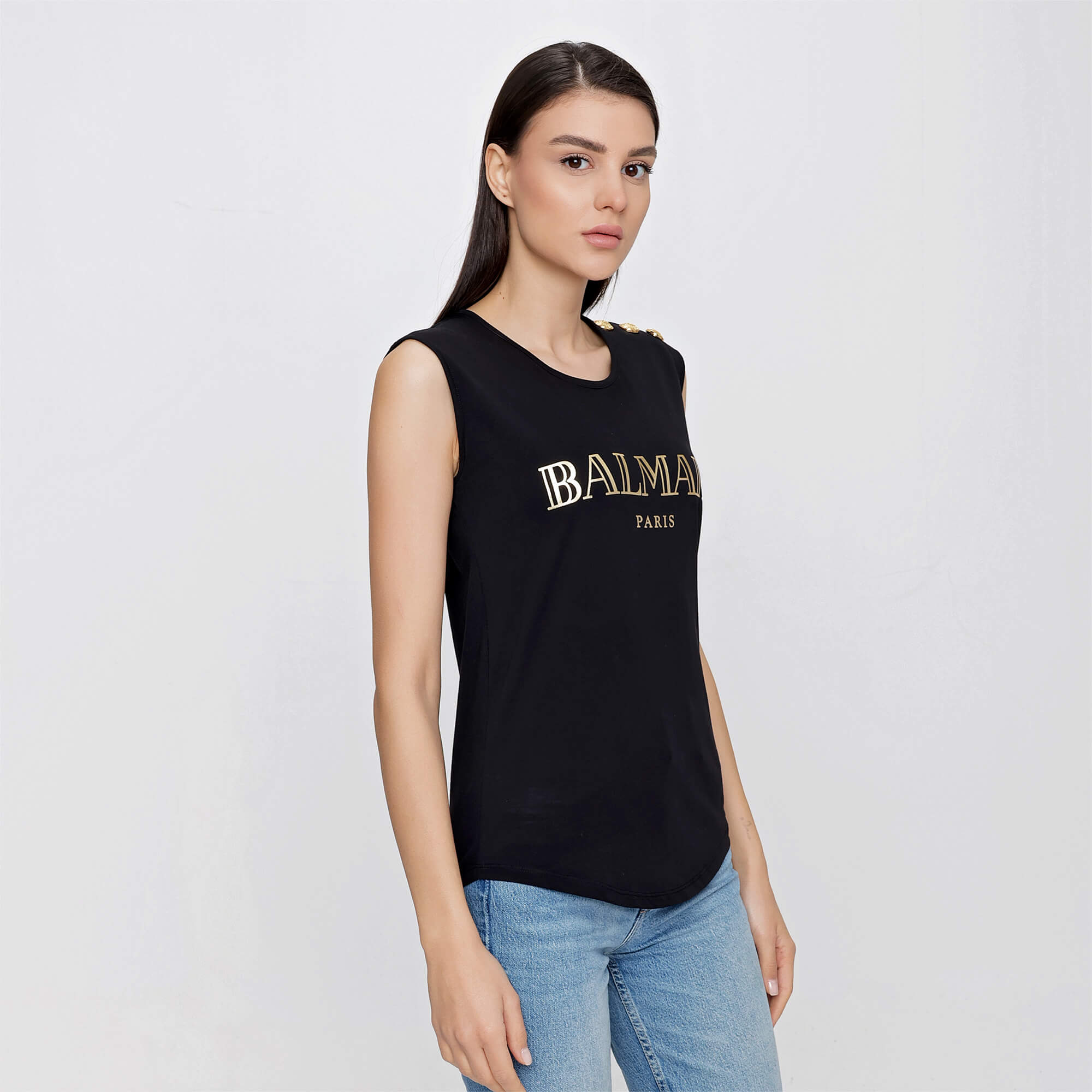 Balmain - Black Gold Tone Balmain Logo Sleeveless T-shirt